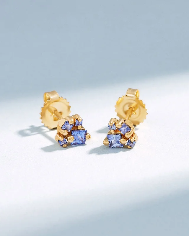 ladies' moonstone earrings -Princess Cluster Light Blue Sapphire Studs