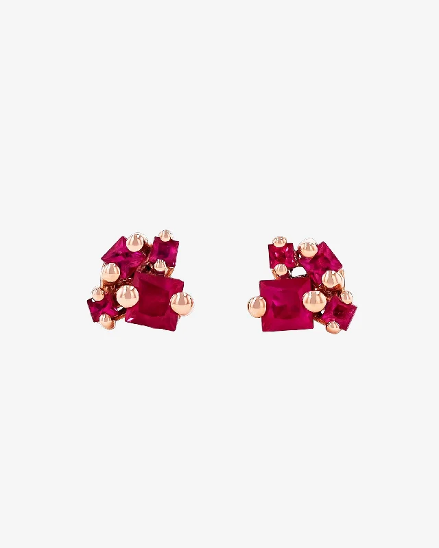 women's small diamond hoop earrings -Princess Cluster Ruby Studs