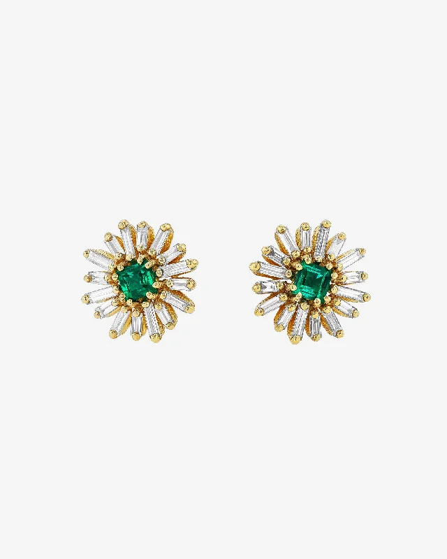 women's diamond halo earrings -Princess Mini Emerald Spark Studs