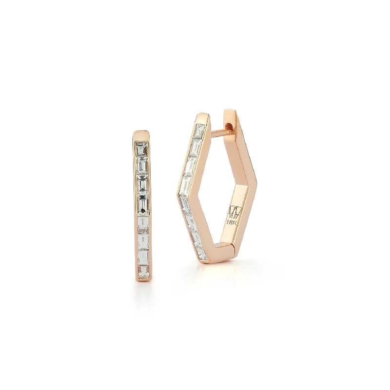 trendy half-moon earrings for women -QUENTIN 18K BAGUETTE DIAMOND HEXAGON HOOP EARRINGS