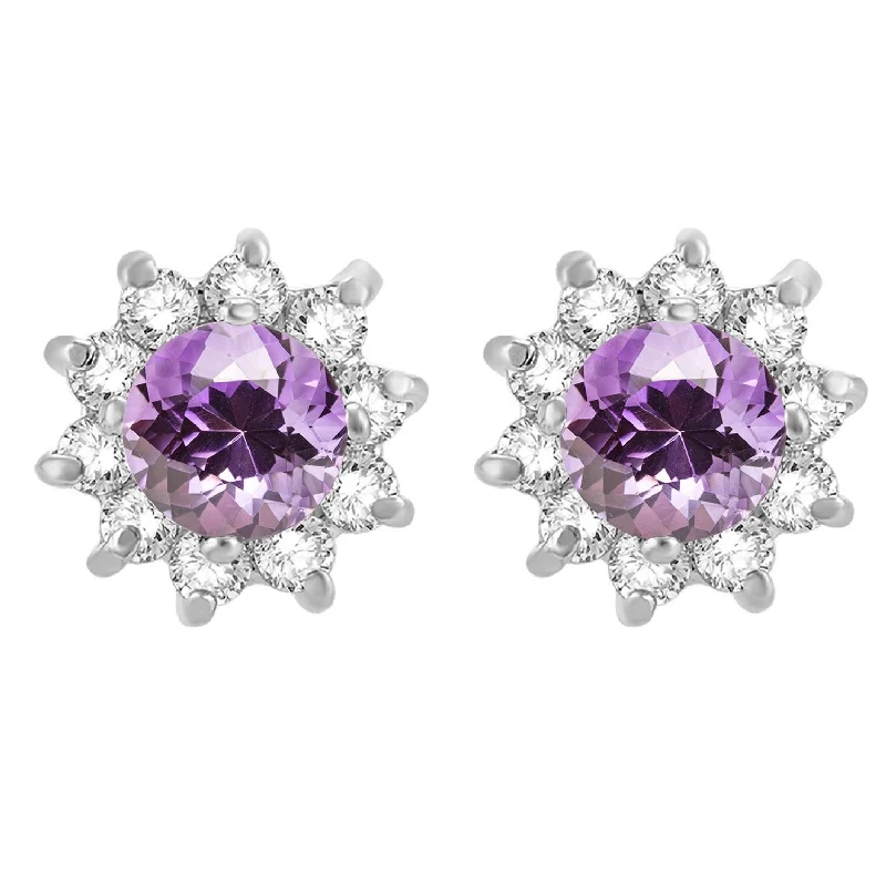 stylish gold-plated climber earrings for women -Sterling Silver Amethyst and White Zircon Flower Stud Earring