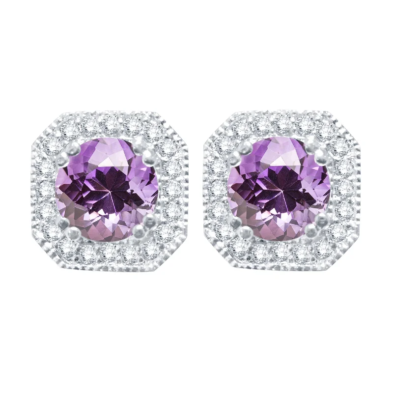 women's ombre beaded earrings -Sterling Silver with Amethyst and White Topaz Halo Stud Earring