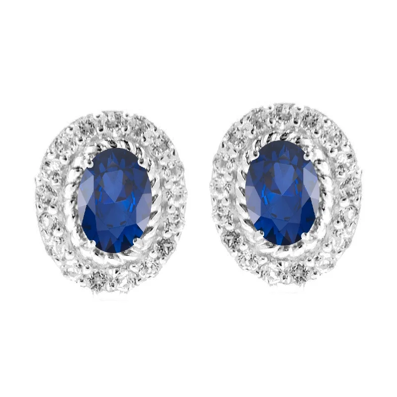 women's oval gemstone earrings -Sterling Silver with Blue Sapphire and White Topaz Halo Stud Earring