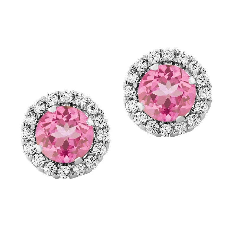 ladies' hammered metal earrings -Sterling Silver with Pink Topaz and White Topaz Halo Stud Earring