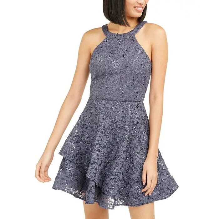 BCX Juniors' Glitter-Lace Dress Medium Gray Size 9