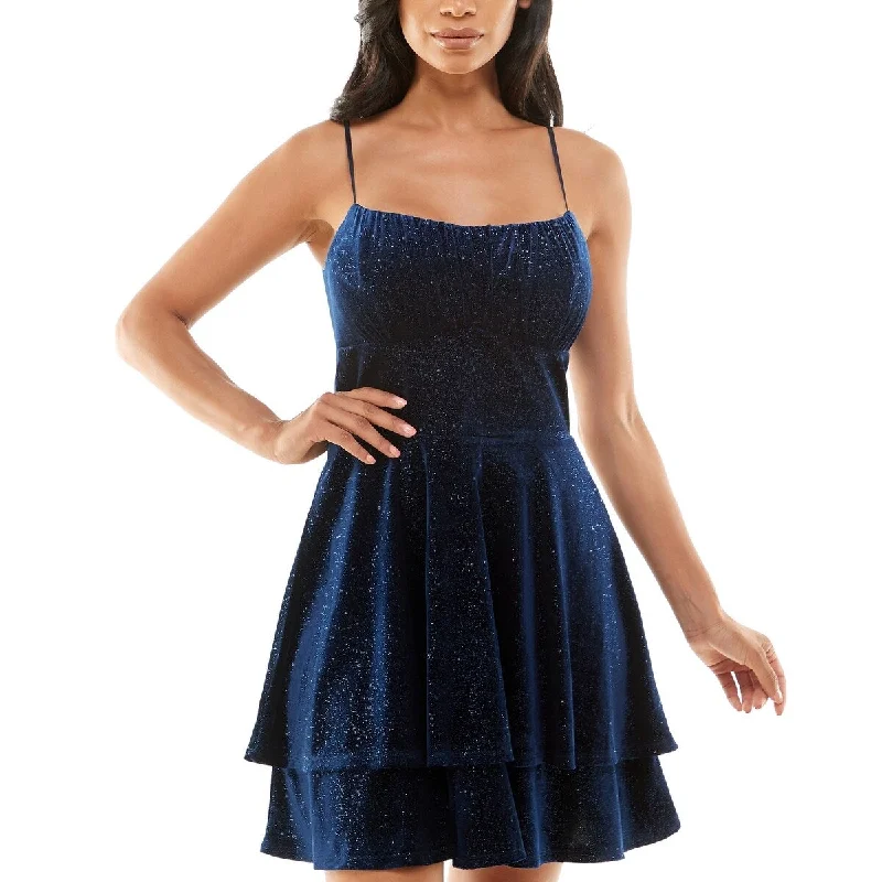 Emerald Sundae Junior's Glitter Velvet Double Layer Dress Blue Size X-Large