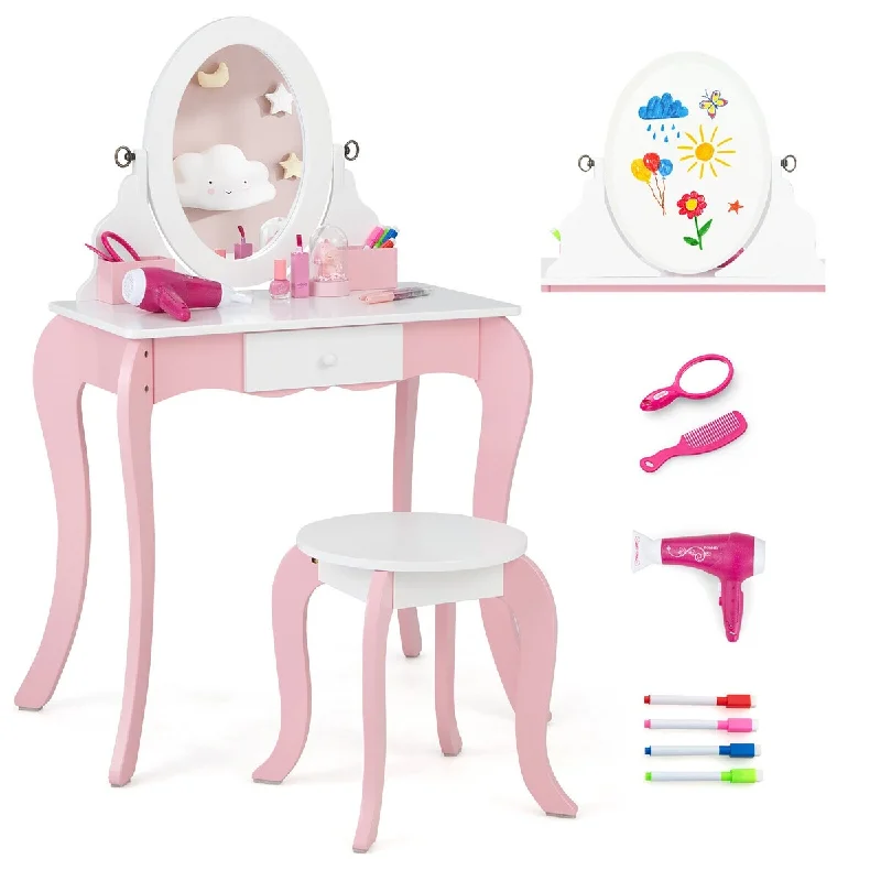 Gymax Pretend Kids Vanity Set Makeup Dressing Table 2-in-1 Mirror &