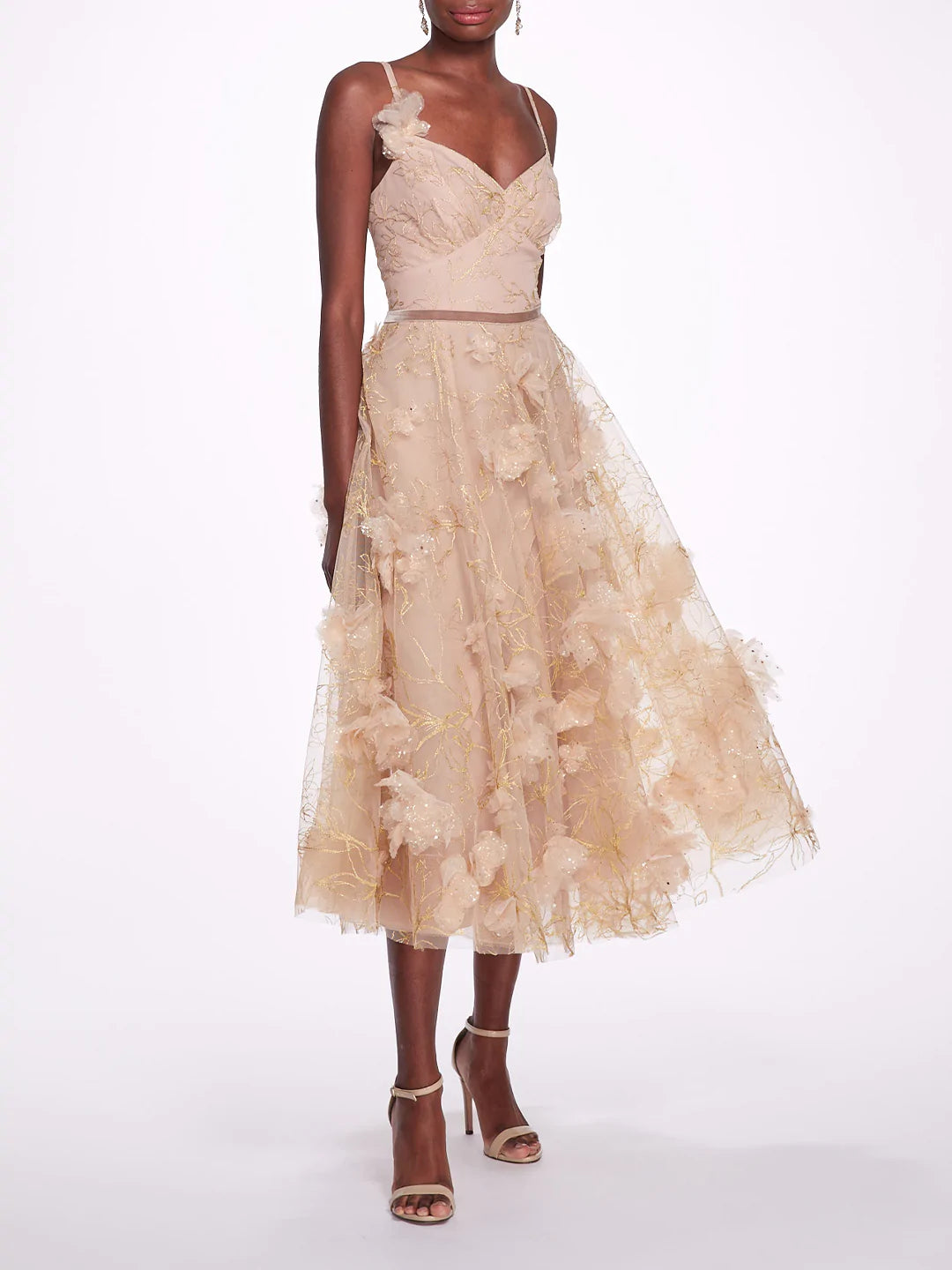 Marchesa Notte Embroidered Foiled Tea-Length Dress