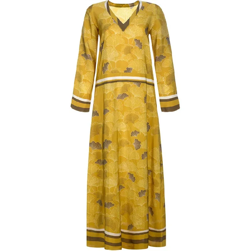 FLOWING SILK DRESS "GARI" WITH GINKGO LEAVES PRINT