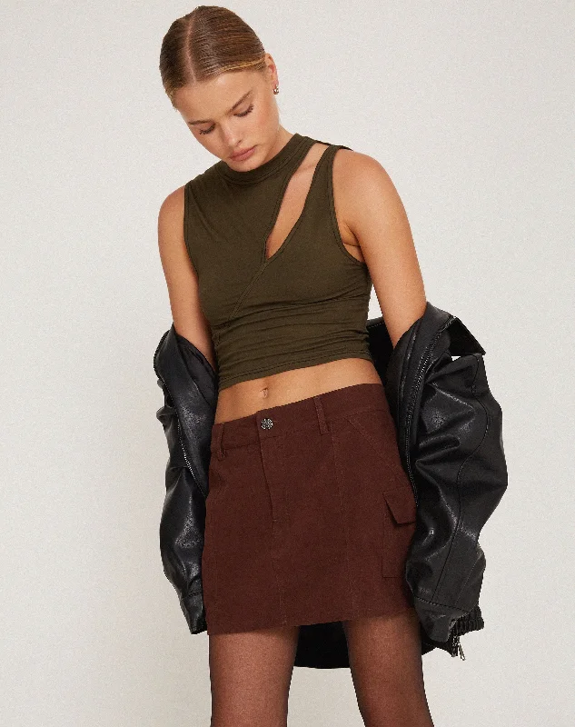 ladies' spaghetti strap satin dress -ladies' high-rise corduroy pants -Ajeng Low Rise Cargo Mini Skirt in Seal Brown