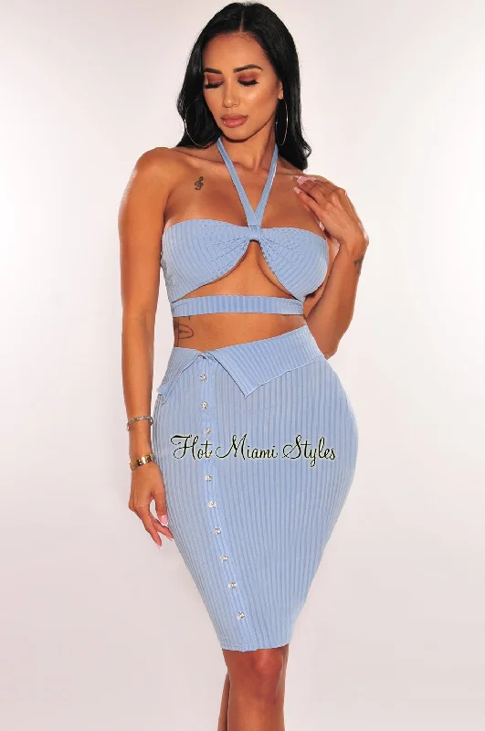 women's tulle ball gown dress -women's pleated chiffon culottes -Baby Blue Ribbed Halter Cut Out Button Up Skirt Two Piece Set