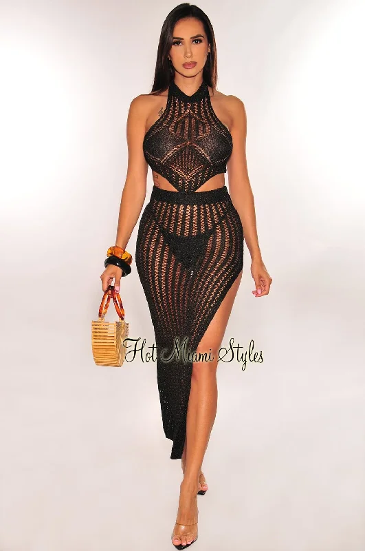 ladies' adjustable strap sundress -ladies' ruched bodycon mini skirt -Black Crochet Halter Hanky Tie Up Slit Skirt Cover Up Two Piece Set