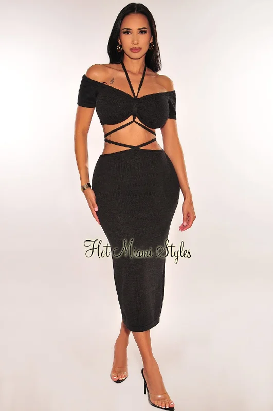 women's chiffon beach dress -women's frayed hem denim shorts -Black Ribbed Knit Halter Off Shoulder Wrap Around Slit Skirt Two Piece Set