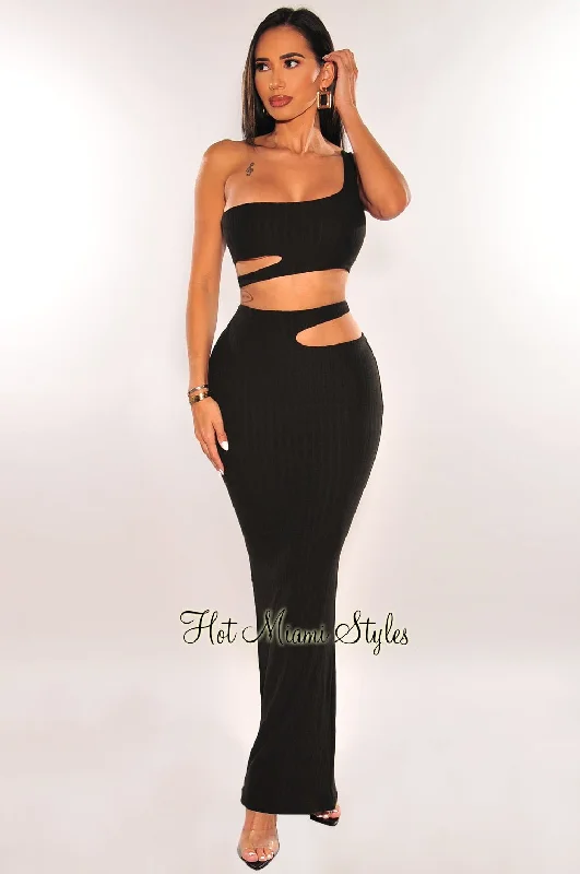 women's high-neck pencil dress -women's cropped chino pants -Black Ribbed One Shoulder Cut Out Maxi Skirt Two Piece Set