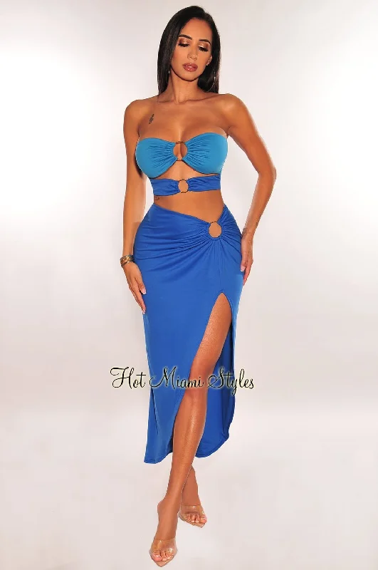 women's floral maxi dress -women's high-waisted jeans -Blue Two Toned Strapless O Ring Cut Out Slit Skirt Two Piece Set