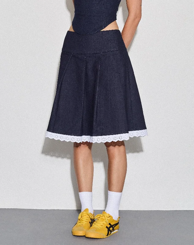 women's smocked bust sundress -women's fringed hem denim skirt -Caralia Midi Skirt in Chambray Indigo