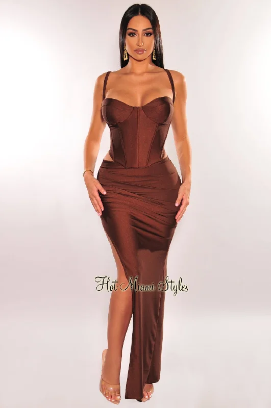 women's high-slit satin dress -women's faux leather pencil skirt -Chocolate Spaghetti Strap Padded Boned Corset Ruched Slit Skirt Two Piece Set