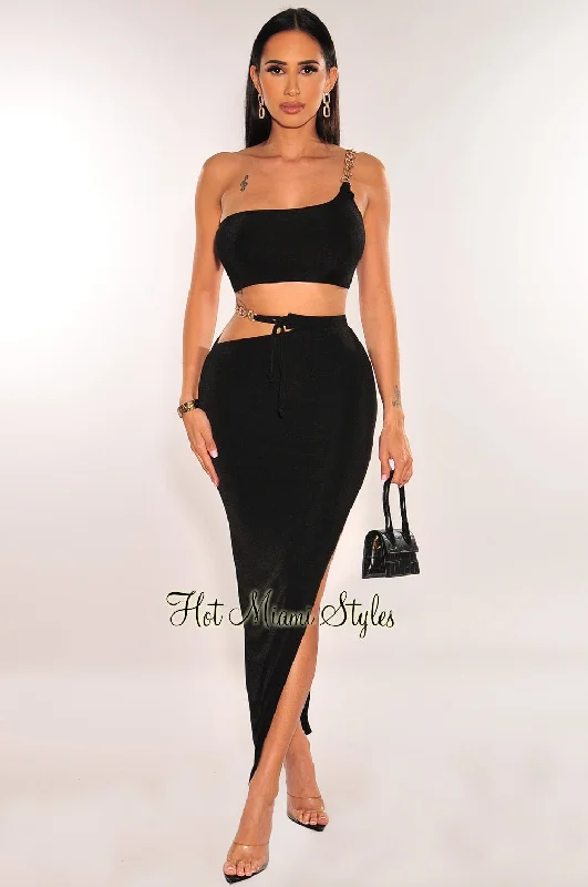 stylish A-line midi dress for women -stylish flared pants for women -Black Gold Chain One Shoulder Cut Out Skirt Two Piece Set