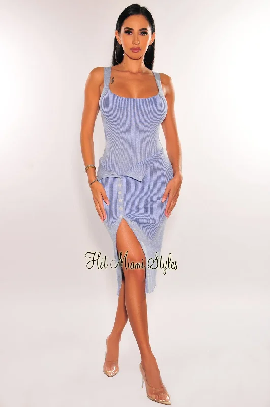 women's halter neck summer dress -women's tiered ruffle skirt -Dusty Blue Ribbed Cut Out Bodysuit Layover Button Up Skirt Two Piece Set