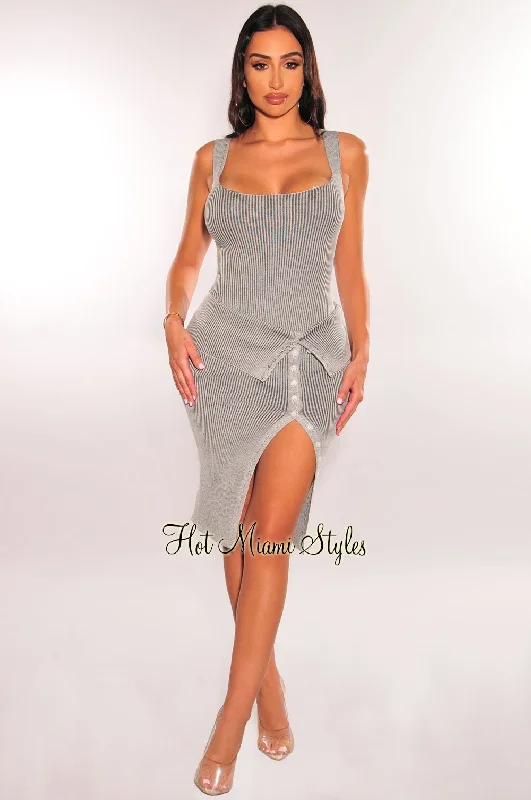 women's ruffled hem sundress -women's high-waisted joggers -Dusty Gray Ribbed Cut Out Bodysuit Layover Button Up Skirt Two Piece Set