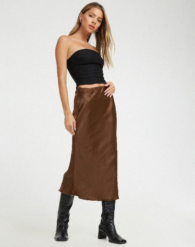 women's checkered pinafore dress -women's relaxed-fit linen pants -Goya Midi Skirt in Satin Bitter Chocolate