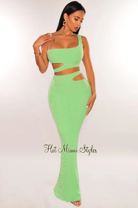 ladies' button-front midi dress -ladies' satin slip skirt -Green Ribbed One Shoulder Cut Out Maxi Skirt Two Piece Set