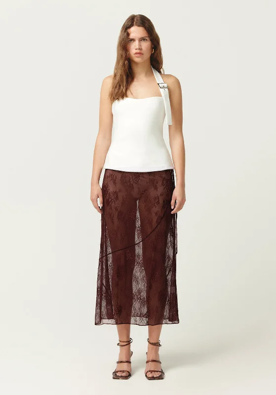 women's sweetheart neckline dress -women's asymmetric hem wrap skirt -LACE SKIRT CHOCOLATE