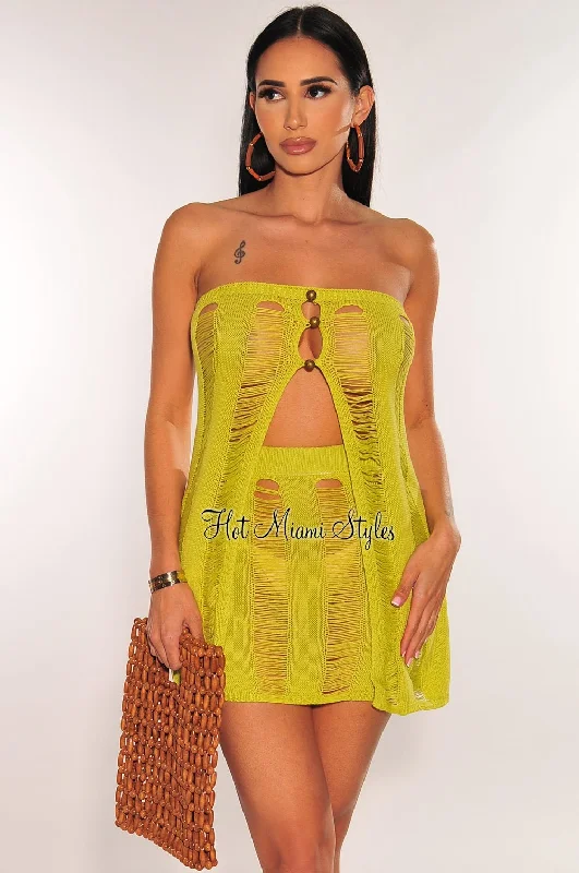 trendy off-shoulder ruched dress for women -trendy pinstriped dress pants for women -Lime Green Crochet Ladder Strapless Slit Top Skirt Two Piece Set