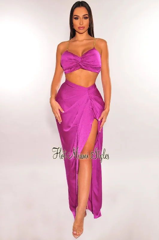 women's draped front wrap dress -women's high-low asymmetric skirt -Magenta Gold Chain Padded Knotted Slit Skirt Two Piece Set