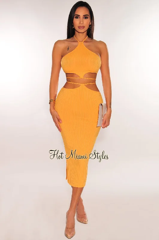 women's casual turtleneck sweater dress -women's sporty drawstring joggers -Melon Orange Ribbed Halter Cut Out Tie Up Skirt Two Piece Set