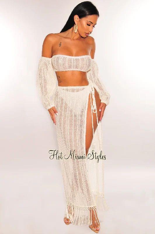 stylish backless slip dress for women -stylish wool blend midi skirt for women -Off White Crochet Off Shoulder Long Sleeve Slit Tassle Skirt Two Piece Set