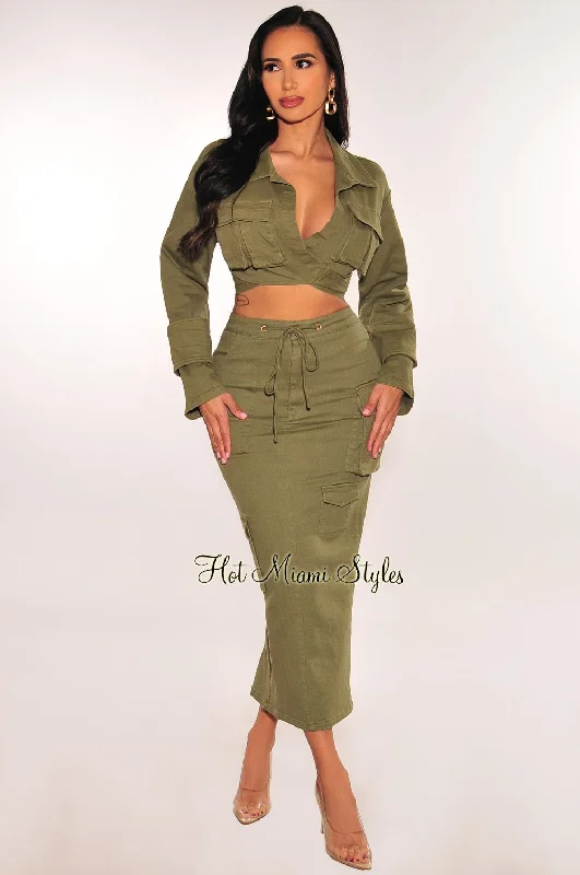 stylish peplum midi dress for women -stylish high-slit satin skirt for women -Olive Long Sleeves Collared Cargo Vent Slit Skirt Two Piece Set