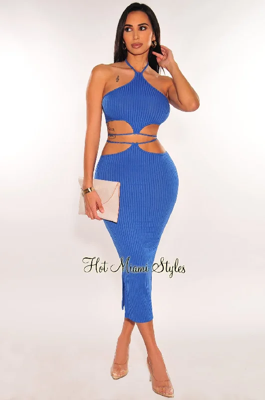 women's smocked bust sundress -women's fringed hem denim skirt -Royal Blue Ribbed Halter Cut Out Tie Up Skirt Two Piece Set