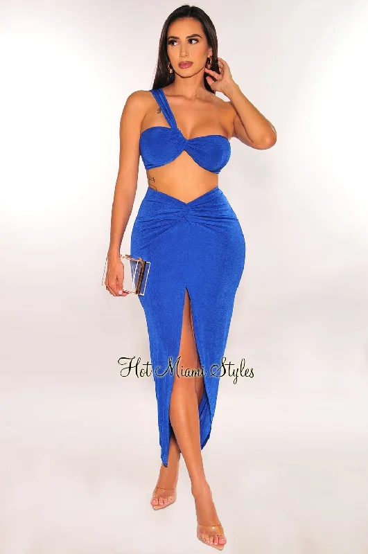 women's flowy ruffle dress -women's vintage high-waisted shorts -Royal Blue Ribbed One Shoulder Slit Knotted Skirt Two Piece Set