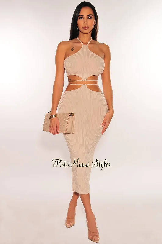 women's flowy ruffle dress -women's vintage high-waisted shorts -Sand Ribbed Halter Cut Out Tie Up Skirt Two Piece Set