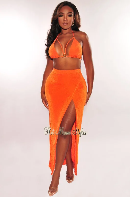 ladies' off-shoulder midi dress -ladies' wide-leg trousers -Tangerine Gold Ring Triangle Top Slit Skirt Two Piece Set