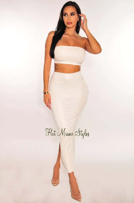 women's floral wrap midi dress -women's cargo utility pants -White Latex Snake Bandeau Skirt Two Piece Set