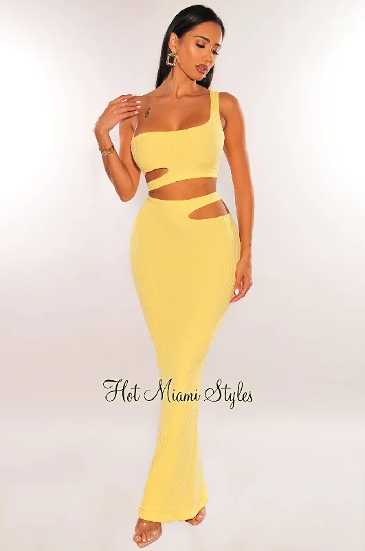 women's kimono sleeve wrap dress -women's ruched drawstring skirt -Yellow Ribbed One Shoulder Cut Out Maxi Skirt Two Piece Set